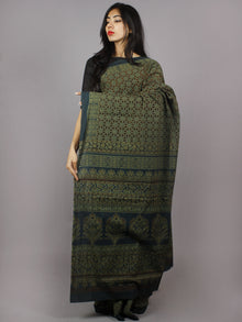 Green Brown Beige Mughal Nakashi Ajrakh Hand Block Printed in Natural Vegetable Colors Cotton Mul Saree - S031701275