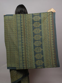 Green Brown Beige Mughal Nakashi Ajrakh Hand Block Printed in Natural Vegetable Colors Cotton Mul Saree - S031701275