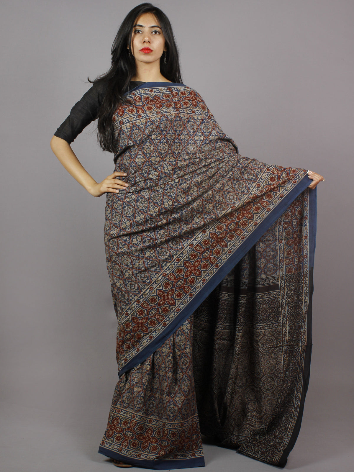 Indigo Maroon Beige Brown Mughal Nakashi Ajrakh Hand Block Printed in Natural Vegetable Colors Cotton Mul Saree - S031701276