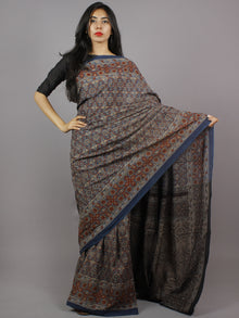 Indigo Maroon Beige Brown Mughal Nakashi Ajrakh Hand Block Printed in Natural Vegetable Colors Cotton Mul Saree - S031701276