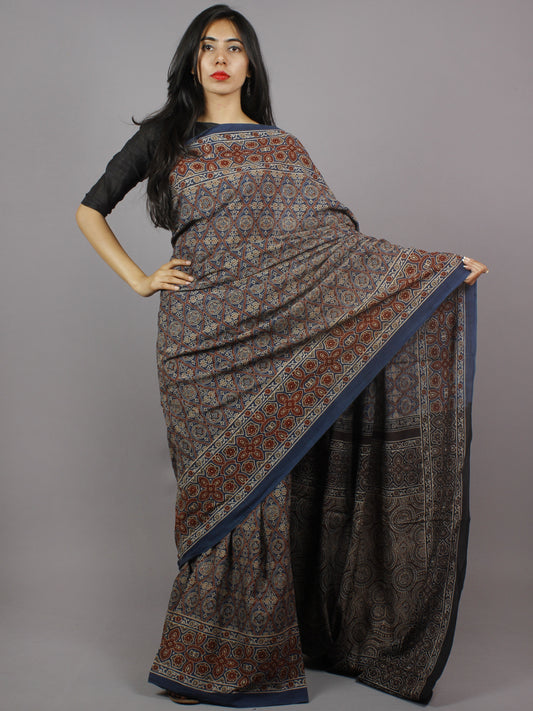 Indigo Maroon Beige Brown Mughal Nakashi Ajrakh Hand Block Printed in Natural Vegetable Colors Cotton Mul Saree - S031701276