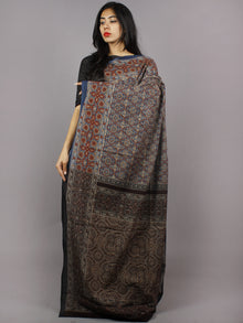 Indigo Maroon Beige Brown Mughal Nakashi Ajrakh Hand Block Printed in Natural Vegetable Colors Cotton Mul Saree - S031701276