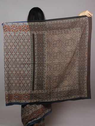 Indigo Maroon Beige Brown Mughal Nakashi Ajrakh Hand Block Printed in Natural Vegetable Colors Cotton Mul Saree - S031701276