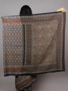 Indigo Maroon Beige Brown Mughal Nakashi Ajrakh Hand Block Printed in Natural Vegetable Colors Cotton Mul Saree - S031701276
