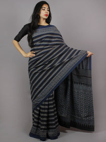 Indigo Brown Black Beige Mughal Nakashi Ajrakh Hand Block Printed in Natural Vegetable Colors Cotton Mul Saree - S031701277