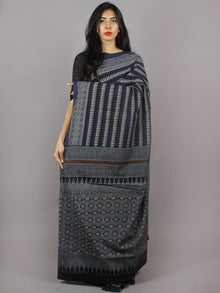 Indigo Brown Black Beige Mughal Nakashi Ajrakh Hand Block Printed in Natural Vegetable Colors Cotton Mul Saree - S031701277