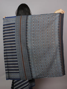 Indigo Brown Black Beige Mughal Nakashi Ajrakh Hand Block Printed in Natural Vegetable Colors Cotton Mul Saree - S031701277