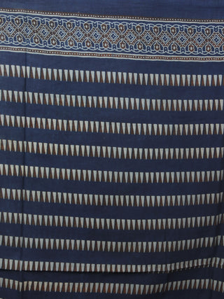 Indigo Brown Black Beige Mughal Nakashi Ajrakh Hand Block Printed in Natural Vegetable Colors Cotton Mul Saree - S031701277