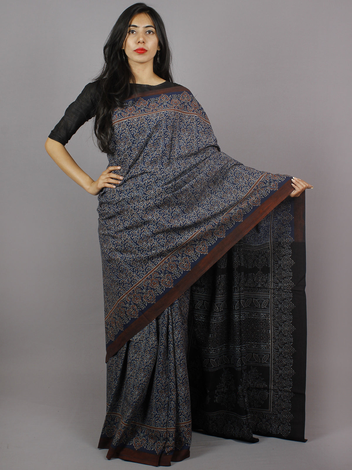 Indigo Maroon Beige Black Mughal Nakashi Ajrakh Hand Block Printed in Natural Vegetable Colors Cotton Mul Saree - S031701278