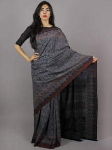 Indigo Maroon Beige Black Mughal Nakashi Ajrakh Hand Block Printed in Natural Vegetable Colors Cotton Mul Saree - S031701278