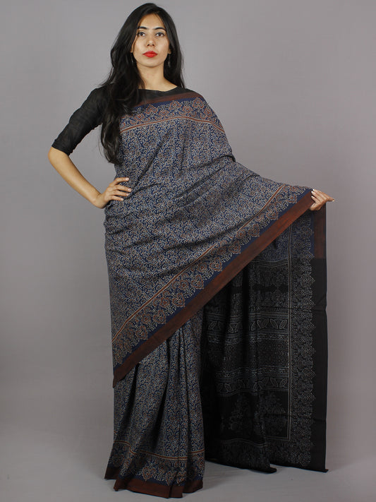 Indigo Maroon Beige Black Mughal Nakashi Ajrakh Hand Block Printed in Natural Vegetable Colors Cotton Mul Saree - S031701278