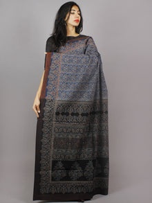 Indigo Maroon Beige Black Mughal Nakashi Ajrakh Hand Block Printed in Natural Vegetable Colors Cotton Mul Saree - S031701278