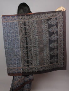 Indigo Maroon Beige Black Mughal Nakashi Ajrakh Hand Block Printed in Natural Vegetable Colors Cotton Mul Saree - S031701278