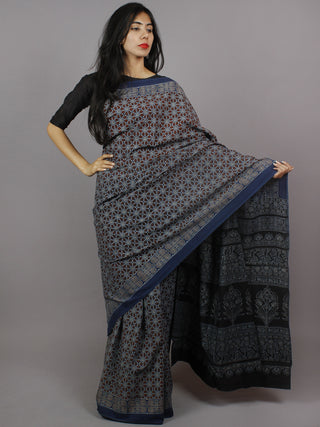 Indigo Brown Ivory Mughal Nakashi Ajrakh Hand Block Printed in Natural Vegetable Colors Cotton Mul Saree - S031701279