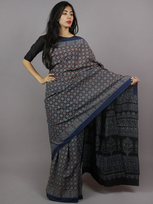 Indigo Brown Ivory Mughal Nakashi Ajrakh Hand Block Printed in Natural Vegetable Colors Cotton Mul Saree - S031701279