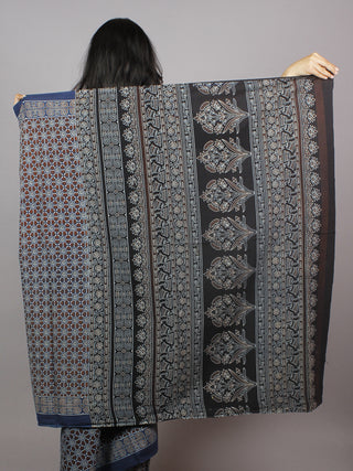 Indigo Brown Ivory Mughal Nakashi Ajrakh Hand Block Printed in Natural Vegetable Colors Cotton Mul Saree - S031701279