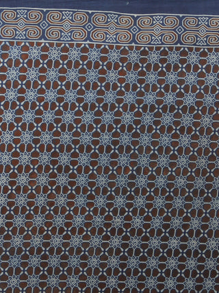 Indigo Brown Ivory Mughal Nakashi Ajrakh Hand Block Printed in Natural Vegetable Colors Cotton Mul Saree - S031701279