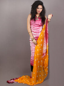 White Pink Yellow Hand Shibori Dyed Cotton Suit-Salwar Fabric With Chiffon Dupatta - S1628128