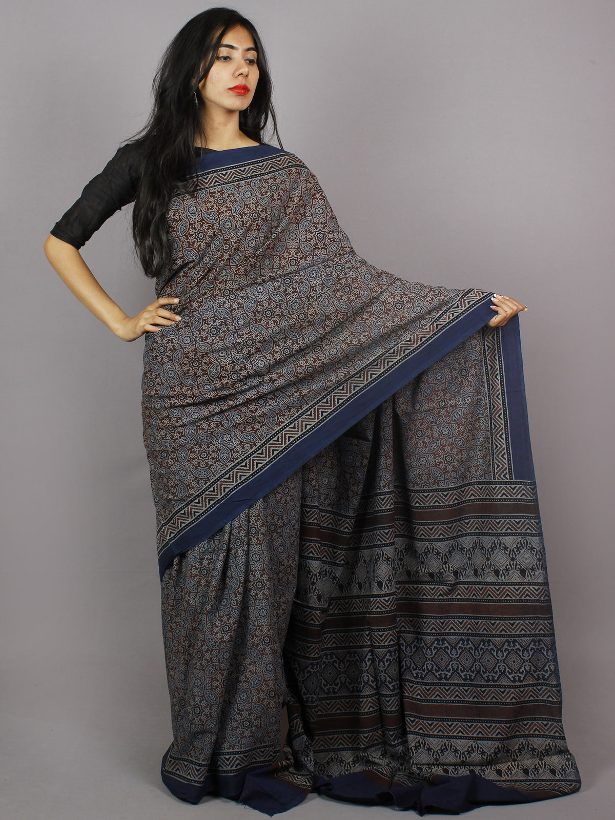 Indigo Maroon Ivory Brown Mughal Nakashi Ajrakh Hand Block Printed in Natural Vegetable Colors Cotton Mul Saree - S031701280