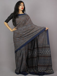 Indigo Maroon Ivory Brown Mughal Nakashi Ajrakh Hand Block Printed in Natural Vegetable Colors Cotton Mul Saree - S031701280