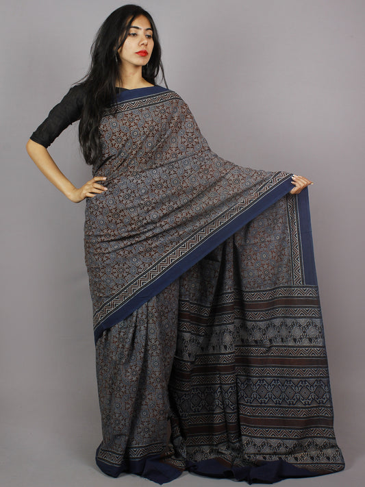 Indigo Maroon Ivory Brown Mughal Nakashi Ajrakh Hand Block Printed in Natural Vegetable Colors Cotton Mul Saree - S031701280