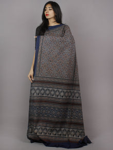 Indigo Maroon Ivory Brown Mughal Nakashi Ajrakh Hand Block Printed in Natural Vegetable Colors Cotton Mul Saree - S031701280