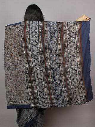 Indigo Maroon Ivory Brown Mughal Nakashi Ajrakh Hand Block Printed in Natural Vegetable Colors Cotton Mul Saree - S031701280