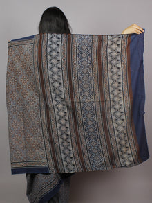 Indigo Maroon Ivory Brown Mughal Nakashi Ajrakh Hand Block Printed in Natural Vegetable Colors Cotton Mul Saree - S031701280