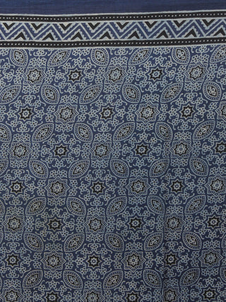 Indigo Maroon Ivory Brown Mughal Nakashi Ajrakh Hand Block Printed in Natural Vegetable Colors Cotton Mul Saree - S031701280
