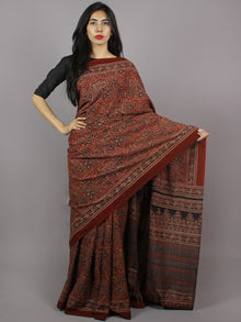 Red Black Beige Mughal Nakashi Ajrakh Hand Block Printed in Natural Vegetable Colors Cotton Mul Saree - S031701281