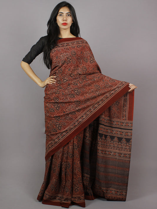 Red Black Beige Mughal Nakashi Ajrakh Hand Block Printed in Natural Vegetable Colors Cotton Mul Saree - S031701281