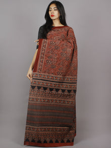 Red Black Beige Mughal Nakashi Ajrakh Hand Block Printed in Natural Vegetable Colors Cotton Mul Saree - S031701281