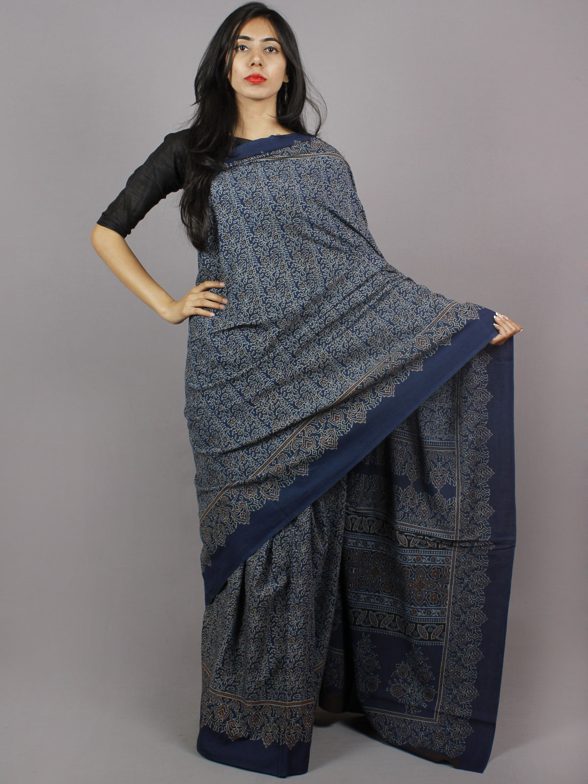 Indigo Brown Ivory Black Mughal Nakashi Ajrakh Hand Block Printed in Natural Vegetable Colors Cotton Mul Saree - S031701282