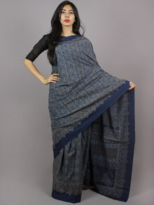 Indigo Brown Ivory Black Mughal Nakashi Ajrakh Hand Block Printed in Natural Vegetable Colors Cotton Mul Saree - S031701282