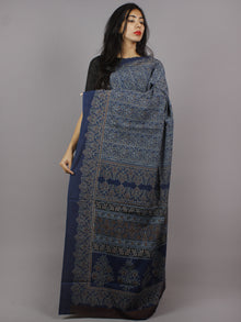 Indigo Brown Ivory Black Mughal Nakashi Ajrakh Hand Block Printed in Natural Vegetable Colors Cotton Mul Saree - S031701282