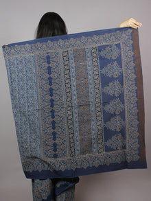 Indigo Brown Ivory Black Mughal Nakashi Ajrakh Hand Block Printed in Natural Vegetable Colors Cotton Mul Saree - S031701282