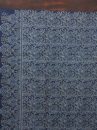 Indigo Brown Ivory Black Mughal Nakashi Ajrakh Hand Block Printed in Natural Vegetable Colors Cotton Mul Saree - S031701282