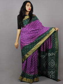 Dark Green Purple Ivory Hand Tie & Dye Bandhej Glace Cotton Saree With Resham Border - S031701283