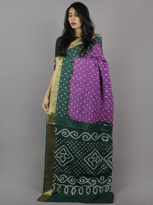 Dark Green Purple Ivory Hand Tie & Dye Bandhej Glace Cotton Saree With Resham Border - S031701283