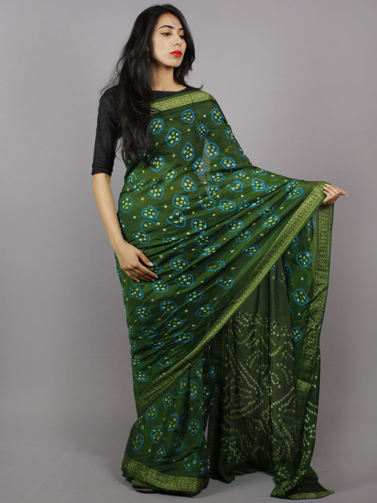 Pine Green Azure Ivory Hand Tie & Dye Bandhej Art Silk Saree - S031701284