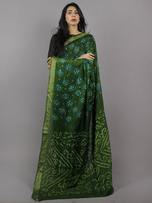Pine Green Azure Ivory Hand Tie & Dye Bandhej Art Silk Saree - S031701284