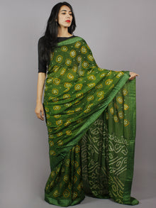 Pine Green Orange Ivory Hand Tie & Dye Bandhej Art Silk Saree - S031701286
