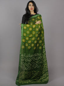 Pine Green Orange Ivory Hand Tie & Dye Bandhej Art Silk Saree - S031701286