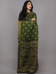 Olive Green  Ivory Hand Tie & Dye Bandhej Art Silk Saree - S031701287