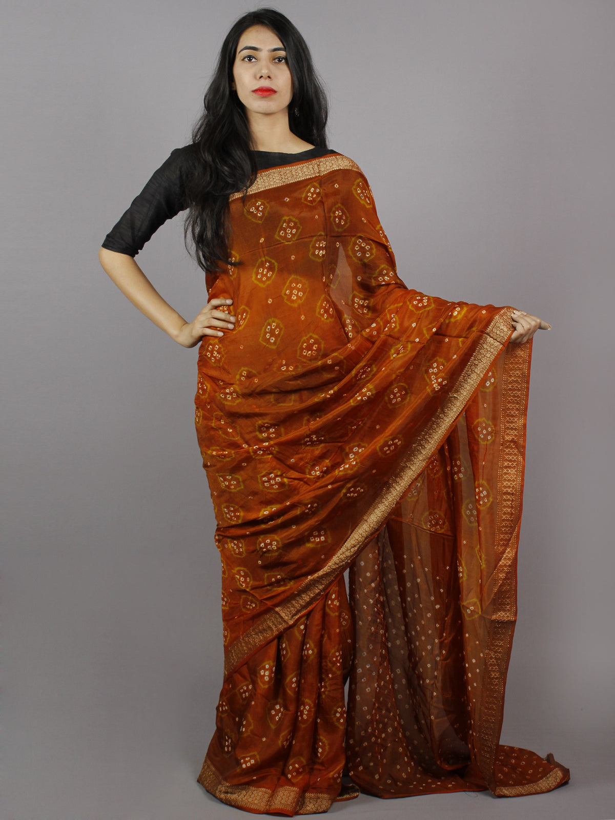 Reddish Brown Green Ivory Hand Tie & Dye Bandhej Art Silk Saree - S031701288