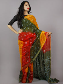 Pink Green Red Yellow Ivory Hand Tie & Dye Bandhej Art Silk Saree - S031701291