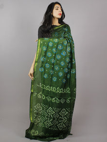Dark Green Azure Blue Ivory Hand Tie & Dye Bandhej Art Silk Saree - S031701292