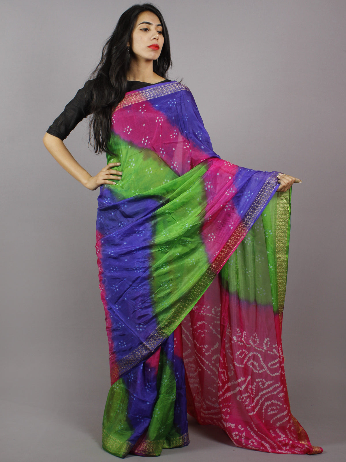 Blue Green Pink Ivory Hand Tie & Dye Bandhej Art Silk Saree - S031701293