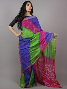 Blue Green Pink Ivory Hand Tie & Dye Bandhej Art Silk Saree - S031701293