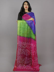 Blue Green Pink Ivory Hand Tie & Dye Bandhej Art Silk Saree - S031701293